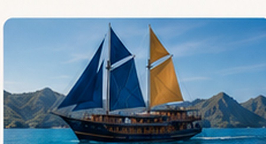 Traditional phinisi boat sailing near the islands